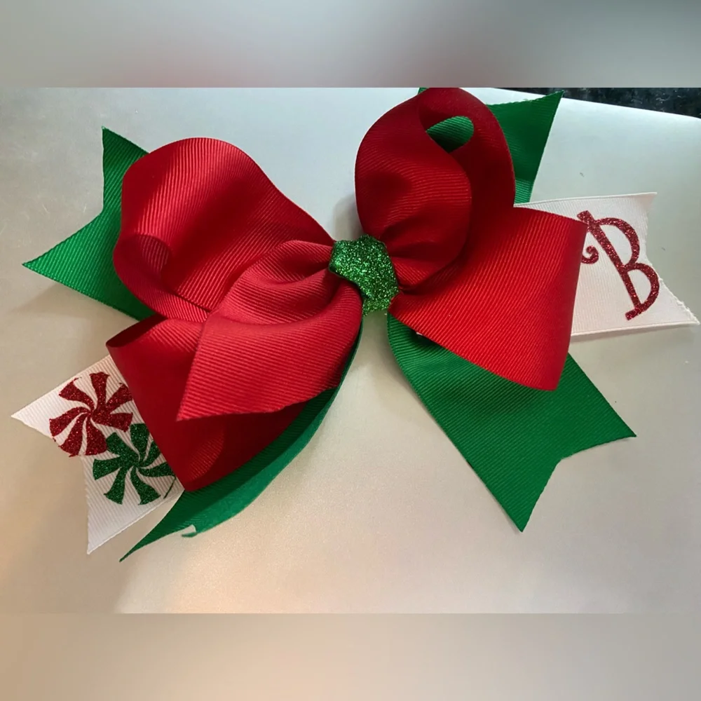 Custom large 9 inch Christmas Hair Bow for Girls! Letter B! Red white & green